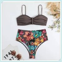 Conjunto de bikini bandeau liso, estampado tropical sexy, traje de baño mejorado para mujer, traje de baño de cintura alta con encaje en la espalda, ropa de playa - details 19