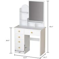 Juego de tocador con espejo rectangular, tocador de maquillaje con 5 cajones, estantes, tocador y taburete acolchado (B blanco/espejo iluminado) - details 20