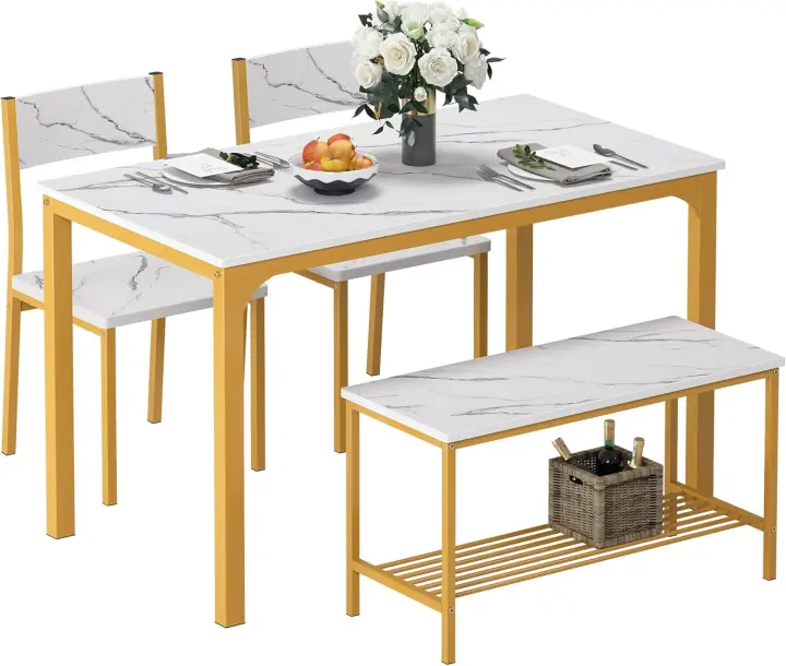 Conjunto de Mesa y Sillas de Comedor, con 1 Mesa, 2 Sillas y 1 Banco, Juego de Mesa de Comedor para 4 Personas, Adecuado para Cocina, Comedor, Blanco - 1