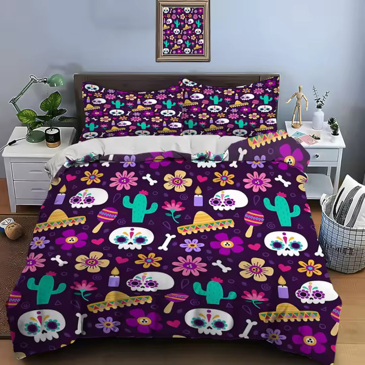 Juego de Ropa de Cama de Lujo con Estampado de Guitarra y Calavera 3 Piezas de Poliéster para Adultos y Niños Regalos de Alta Gama - 1