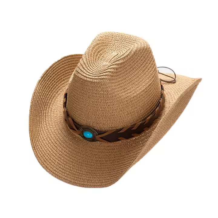 Sombrero de vaquero occidental de Color sólido, protector solar de ala ancha, sombrero de vaquera, cinturón de cuero PU de estilo étnico, sombrero de paja para el sol para fiesta - 1