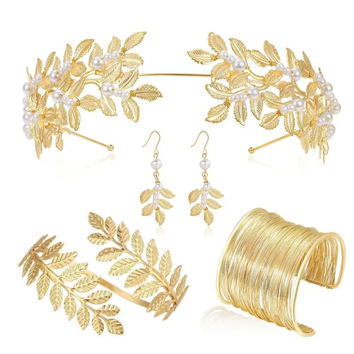 Accesorios de disfraz de Diosa griega para Mujer, Toque Dorado, brazalete, Pendiente Colgante, Conjunto de joyas de Diosa Dorada para Novia, Boda, Toga, Fiesta, bisutería Dorada para Mujer. - 1