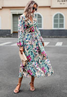 Vestido de manga larga con cuello en V estampado informal para vacaciones de otoño a la moda para mujer - details 5