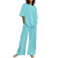 Conjunto de dos piezas con bolsillo y cinturón informal para mujer, Top de media manga con cuello redondo y pantalones de pierna ancha con tirantes, - details 0