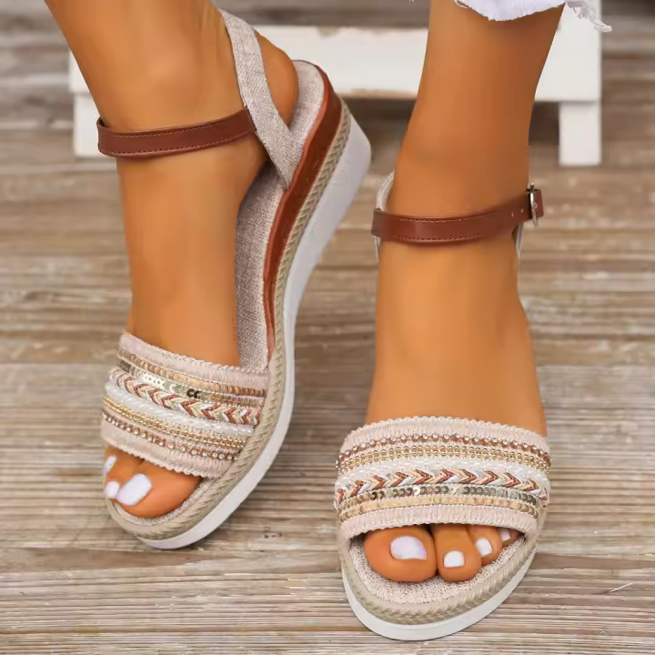 Sandalias de Cuña de Verano Tacón de Brillo de Estrás con Plataforma de Piso - 1