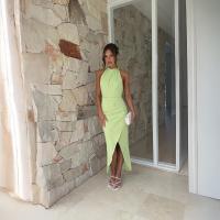 Vestido largo 2024 para mujer con cuello halter primavera verano #   Verde - details 2
