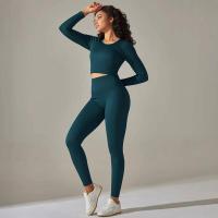 Conjunto de yoga sin costuras para mujer, top corto de manga larga, sujetador deportivo, leggings para correr de cintura alta, ropa de gimnasio - details 22