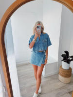 Ropa de trabajo Traje de mezclilla Falda Pantalones Top de manga corta Verano Mujer Chica caliente Cintura alta Irregular - details 10