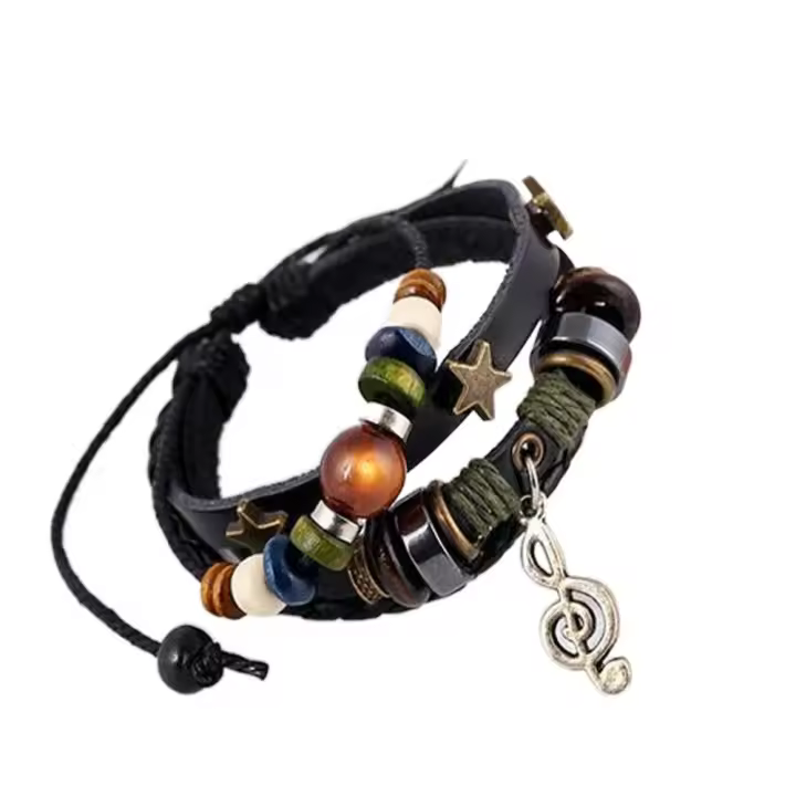 Pulsera trenzada con cuentas de madera para hombre y mujer, brazalete Unisex con diseño de nicho de estrella Guay, nota Musical, cuerda de mano, estilo Hippie gitano, 1-2 piezas - 1