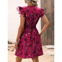 Vestido estampado con cuello en V a la moda, Mini Vestidos con mangas de pétalo para mujer, vestido acampanado para fiesta de verano - details 3