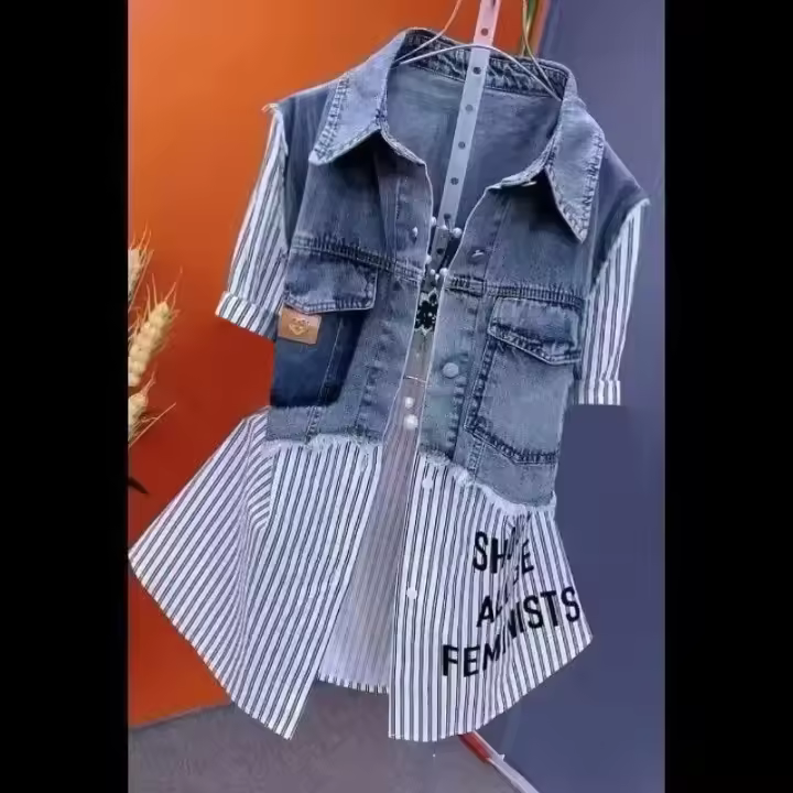 Chaqueta de moda sual para mujer, dos camisas vaqueras falsas a rayas - 1