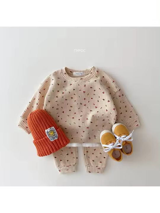 Ins versión coreana de la ropa infantil de los niños suéter de gofre traje casual primavera niñas Internet celebridad floral conjunto de dos piezas - 1