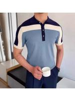 Ropa de hombre, suéter de punto con costuras, polo ajustado de manga corta con contraste de color para hombres - details 1