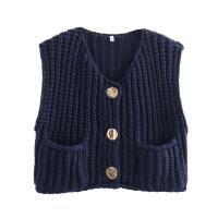 Chaleco de Punto sin Mangas de Moda Coreana para Mujer Cuello en V, Botón Azul, Bolsillos de Adelante, Rojo - details 4