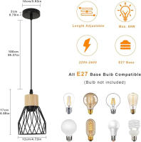 Goeco-Lámpara de Techo Colgante E27, Luz de Techo Vintage Industrial en Madera, Diseño de Jaula de Metal, Negro (Sin Bombilla) - details 2