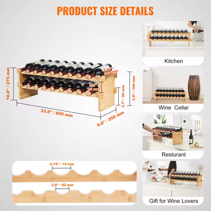 SucceBuy Estante modular de bambú para vinos: apilable y independiente para cocina, bar y bodega (diseño de varios niveles) - 1