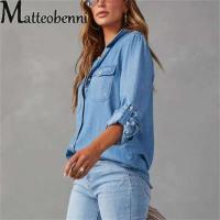 Camisa vaquera fina para mujer, blusa informal de manga larga con bolsillo y solapa de un solo pecho, cómoda, otoño - details 2