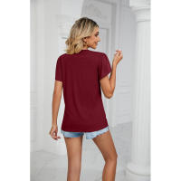 BUNO-2025 Camiseta holgada de manga corta con cuello en V para mujer, Top informal de encaje de Color puro, camiseta holgada cómoda y transpirable para verano - details 36