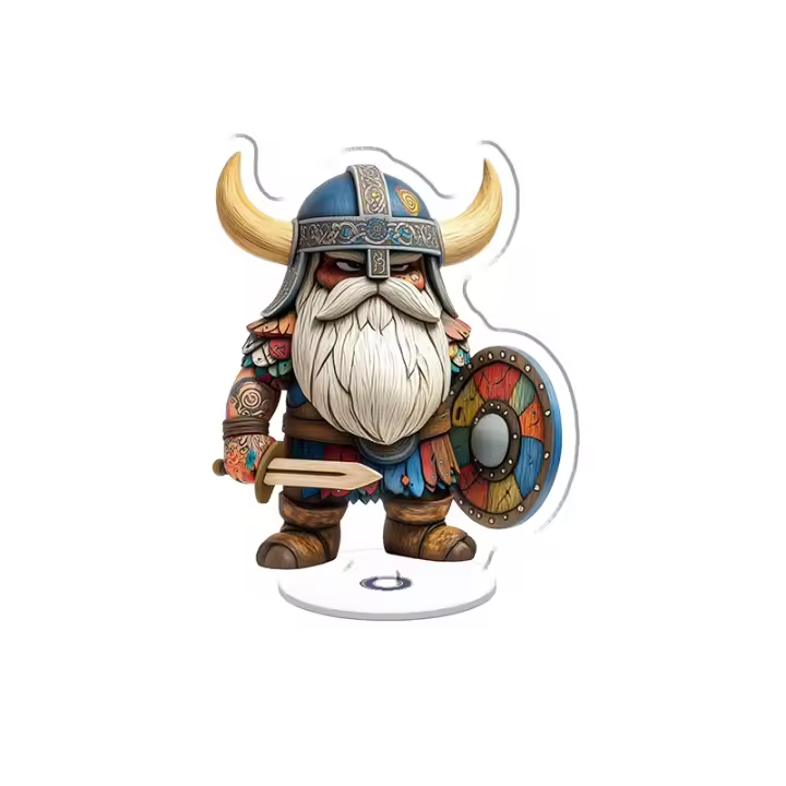 Exhibición acrílica giratoria con un enano vikingo con casco, tatuajes coloridos, espada, escudo, detalles intrincados y una paleta azul y roja vibrante. - 1