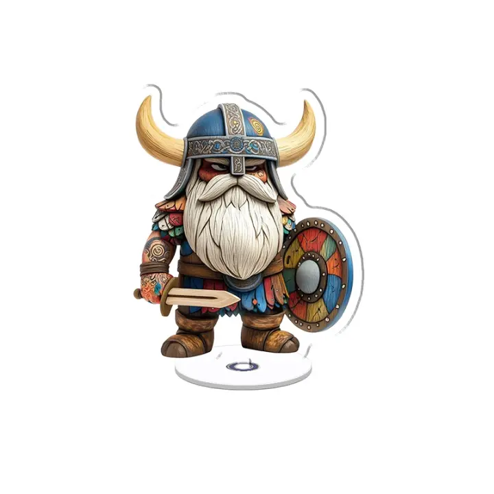 Exhibición acrílica giratoria con un enano vikingo con casco, tatuajes coloridos, espada, escudo, detalles intrincados y una paleta azul y roja vibrante. - 1