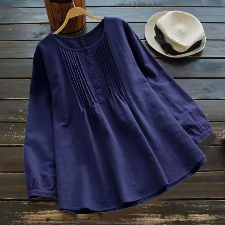 Camisa de lino y algodón para mujer, blusas casuales de talla grande, camisas holgadas de manga larga con cuello redondo, blusa vintage Lisa Haruku - 1
