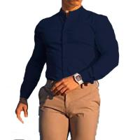 Camisa casual deportiva de manga larga para hombre, color sólido, delgada, ligeramente elástica, con botones - details 12