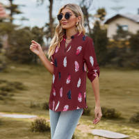 Camisa con estampado de plumas de tres cuartos y manga e para mujer, cuello en V, otoño, nueva - details 25