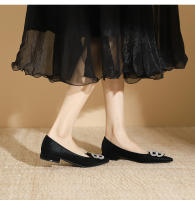 Zapatos de tacón bajo con punta en punta y diamantes de imitación negros de alta gama - details 6