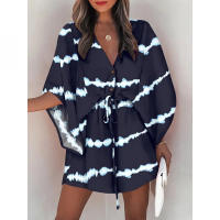 Traje de baño para mujer Vestido de playa estampado con cordón3/4MangaVMini falda de playa con Cuello estilo bohemio - details 10