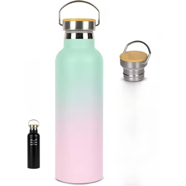 Botella de agua de acero inoxidable rosa, termo de 750 ml con 3 tapas, mantiene el agua fría por 24 horas y caliente por 12 horas. |   Cantimplora Termica sin BPA Botella de Agua Pajita, Reutilizable Gimnasio - 1
