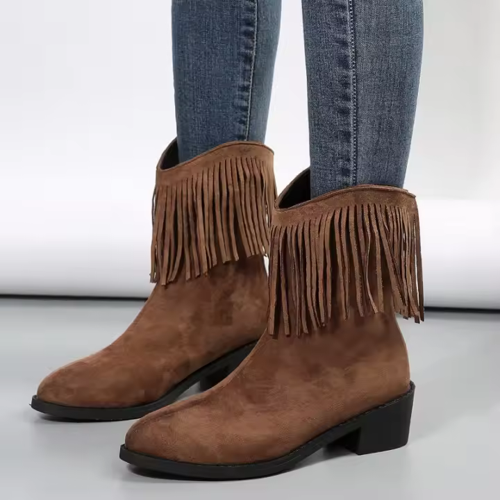 Botas de mujer con punta redonda y tacón grueso con tachuelas de ante, estilo retro de jeans occidentales, a la moda, novedad - 1