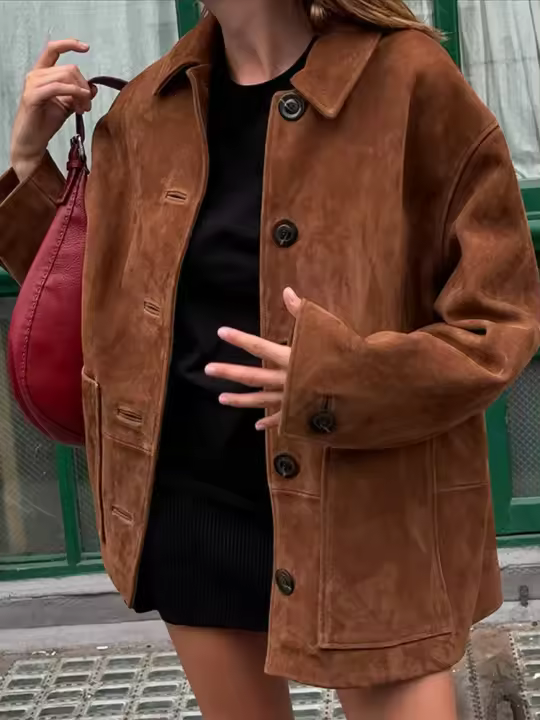 Chaqueta Blazer de Cuero Anteiro de Moda Vintage Estilo de Lapela Única con Bolsillos - 1