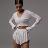 BUNO-Conjunto informal de 2 piezas de gato extraño para mujer, Tops cortos de manga larga con una botonadura y volantes, Mini traje corto sencillo y fino, tendencia de otoño - details 4