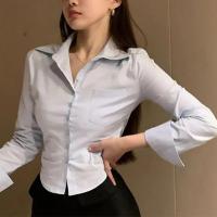 Camisa coreana blanca de oficina de gasa para mujer, blusa con solapa y botones de bolsillo para mujer, Tops cortos de manga larga para ir al trabajo para primavera - details 4