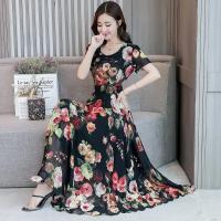 Vestido de seda de hielo con estampado de cuello redondo de longitud media, vestido largo de cintura alta de estilo coreano de verano de 180g para mujeres de mediana edad - details 2