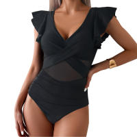 New Clashing One-piece Swimming Costume Small Fly Sleeve Bikini Women Quick Dry Sports Deep V Cross Hollow One-piece Swimsuit - details 10