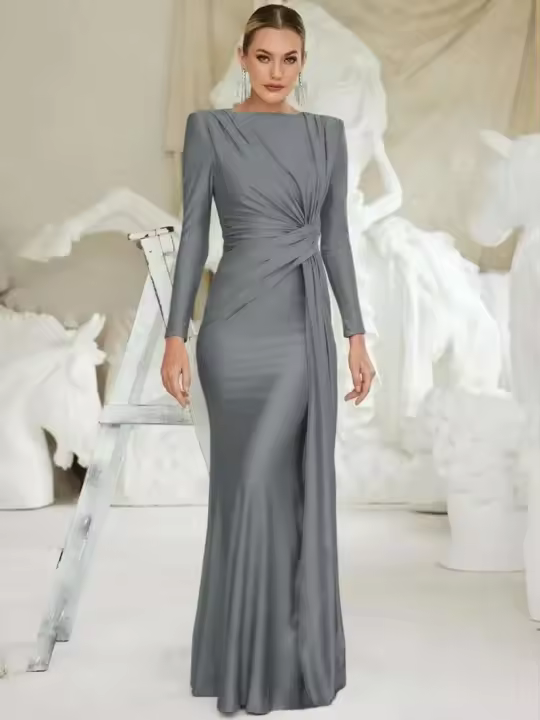 Vestido Formal Ocn para mujer, elegante vestido gris con cuello redondo y manga larga con pliegues y cintura alta, vestido de fiesta de noche - 1