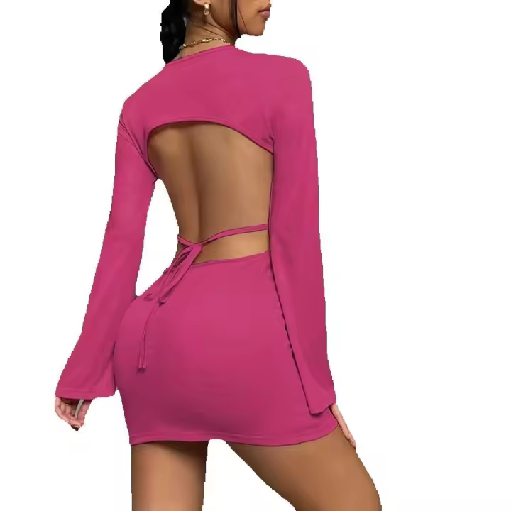 Vestido de manga larga con capucha de cuello redondo y manga de trompeta para mujeres - 1