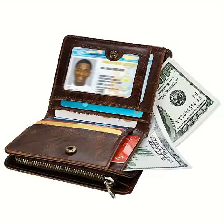 Cartera Vintage de cuero genuino para hombre con bloqueo RFID, bolsillo para monedas con cremallera, tarjetero, forro de poliéster, piel de vaca de dos capas - 1