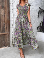 Vestido largo bohemio con cuello en V para mujer con vestido de péndulo con estampado floral en la cintura - details 5