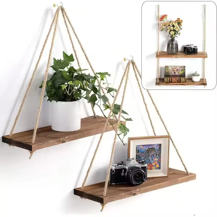 Estante de Pared de Cuerda de Cáñamo Montado en Madera Ideal para Decoración de Jardín y Estar en Casa - 1