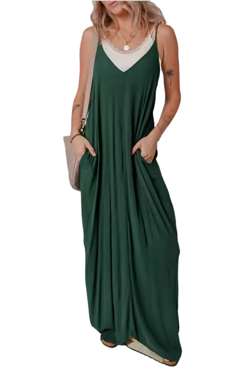 Elrachen Vestido largo para mujer con tirantes finos y bolsillos holgados de lona verde, tallas S-XL - 1