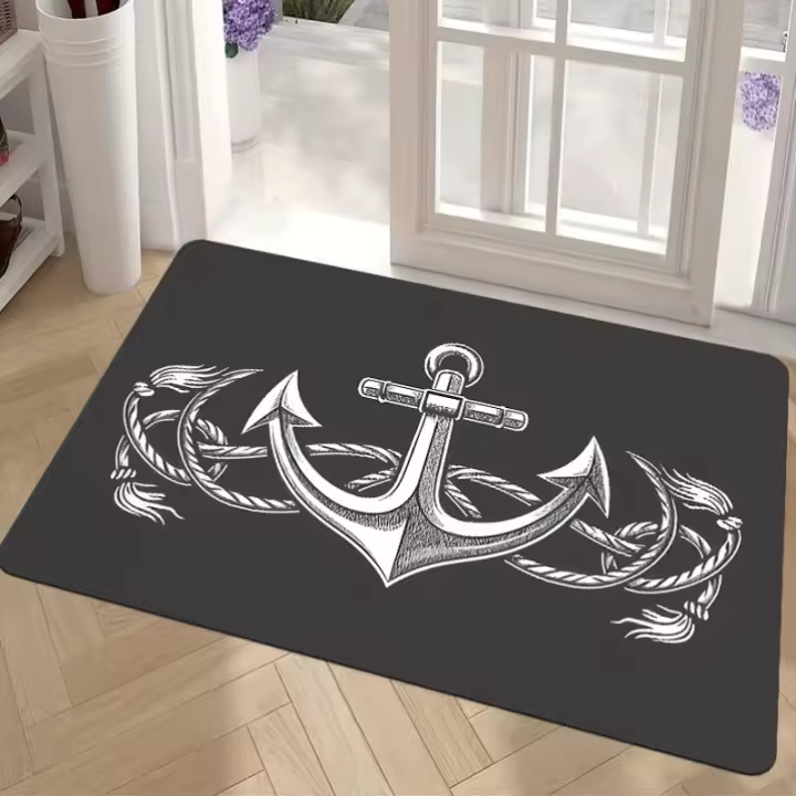 Alfombra de entrada con estampado de ancla Simple, alfombra de poliéster antideslizante para uso interior/exterior, adecuada para cocina, balcón, franela, 1 ud. - 1