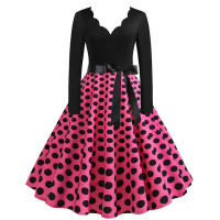 Women plaid print long sleeve vintage a line party dress v neck - details 79