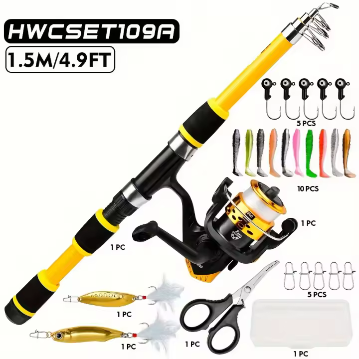 Combo de Pesca Telescópica Proberos Extra Ligero Acción Media, Carrete Resistente, Cebos Variados para Deportes y Afueros - 1