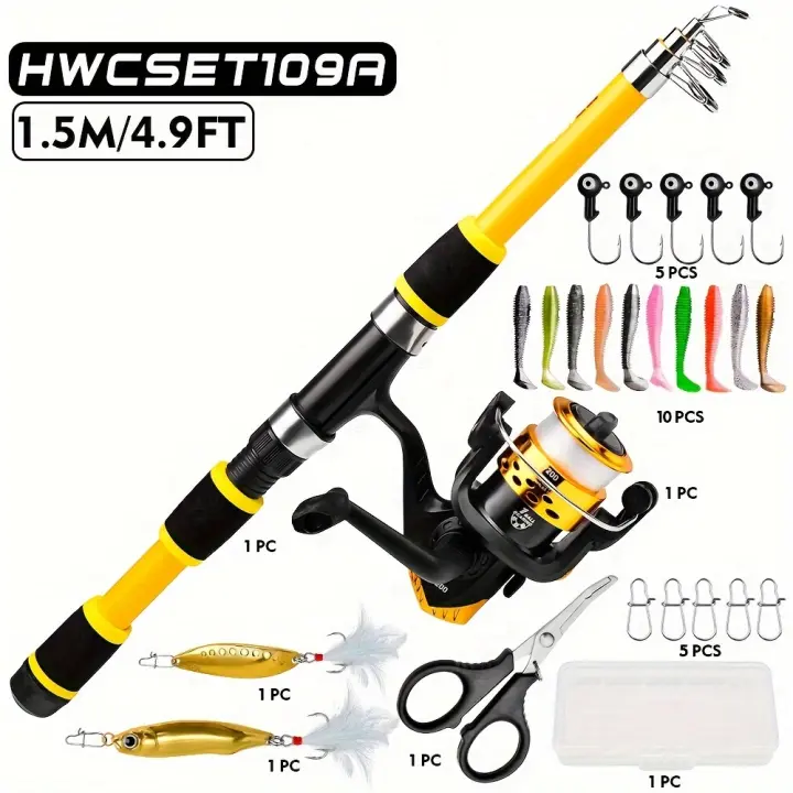 Combo de Pesca Telescópica Proberos Extra Ligero Acción Media, Carrete Resistente, Cebos Variados para Deportes y Afueros - 1