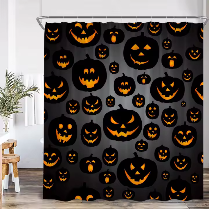 Cortina de Ducha de Halloween Diseño de Bruja Volando con Luna Llena de Terror - 1