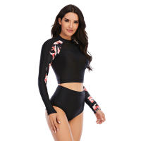 Conjunto de tankini corto de manga larga con estampado floral, cintura alta, corte alto y cuello alto, traje de surf y buceo con - details 6