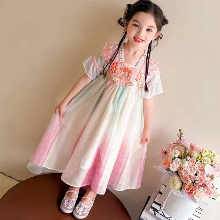 Vestido de princesa mejorado estilo Tang antiguo Hanfu con hombros descubiertos y nube de encaje bordado edición china de verano para niñas - 1