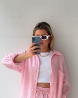 Conjunto de dos piezas para mujer, camisa de manga larga con cuello vuelto de tela arrugada, pantalones cortos con cordón de cintura alta, moda informal de talla grande - details 38